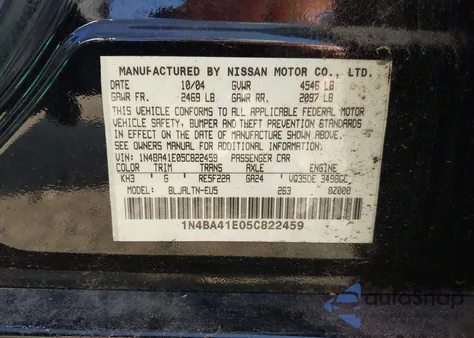 2005 Nissan Maxima 3.5 Se из США, поврежденный, VIN 1N4BA41E05C822459